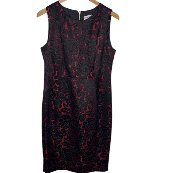 Calvin Klein Red Black Floral Brocade Sleeveless Shift Women Size 10 - Picture 1 of 5